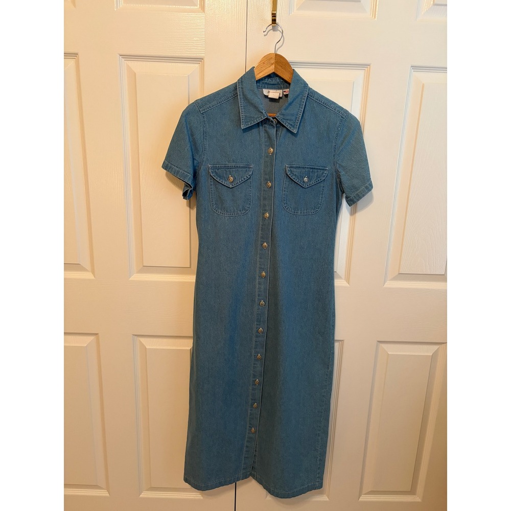 Vintage Jody California Womens Denim Maxi Shirt Dress Blue Button Front USA Made
